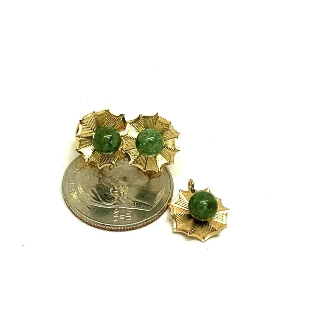 Earrings Pendant Set 14k Yellow Gold Green Gemstone 6mm Women's Estate Jewelry